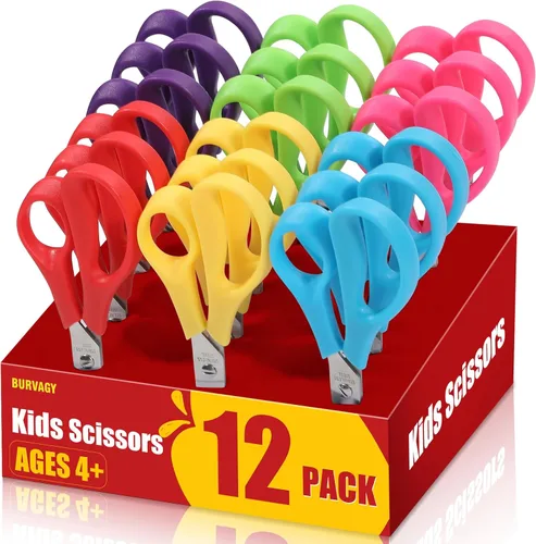 BURVAGY 12Pack 5.5" Tijeras de seguridad pequeñas para la escuela, tijeras redondas de punta desafilada para manualidades en masa, hojas de acero