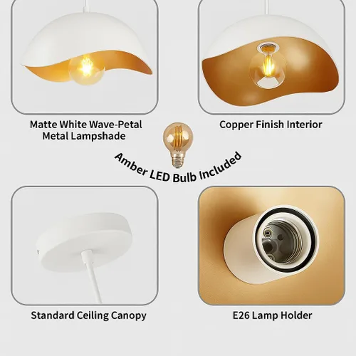 Miniatura 4 de Lámpara colgante de onda moderna, pantalla de cúpula blanca y dorada, lámpara de techo LED con bombilla de globo, luz colgante contemporánea