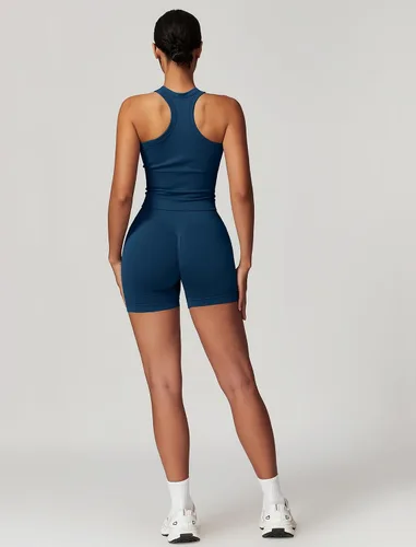 Miniatura 34 de Conjuntos de entrenamiento para mujer, 2 piezas, sin costuras, acanalada, sin mangas, brasier deportivo, cintura alta, pantalones cortos