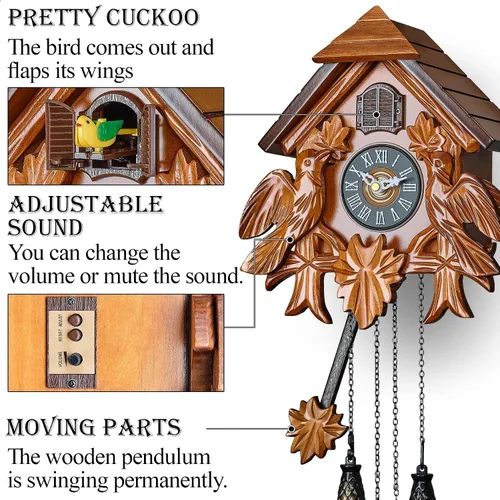 Miniatura 3 de TIMEGEAR Reloj de cuco con modo nocturno, movimiento de cuarzo y decoraciones de madera (marrón)