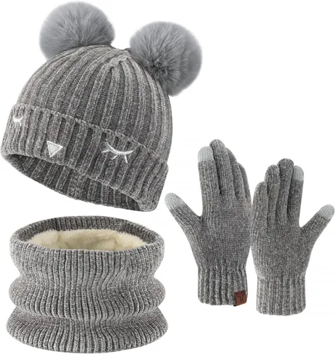 Toddler Boys Girls Winter Warm Knit Beanie Hat Neck Scarf Touchscreen Gloves with Fleece Lined Cap for 3-10 Year Kid Gifts