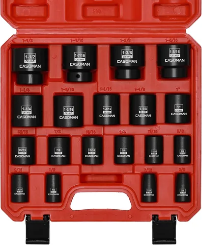 CASOMAN Juego de dados de impacto estándar de 1/2 pulgada, SAE, poco profundo, 3/8" a 1-1/2", acero de aleación Cr-Mo, diseño de esquina de radio,
