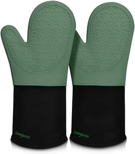sungwoo Guantes de horno de silicona extralargos, resistentes al calor, con forro acolchado, agarre texturizado antideslizante, perfectos para Verde