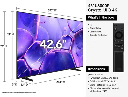 Miniatura 13 de Samsung 43 Pulgadas Smart TV Clase 2025 Serie U8000 Crystal UHD 4K Smart Tizen TV con Bluetooth, Motion Xcelerator (Reacondicionado)