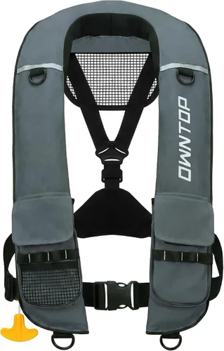 Miniatura 11 de Owntop Chaqueta de natación inflable para adultos, convertible automática/manual, cuello de neopreno, bolsillos grandes con solapa y trabillas