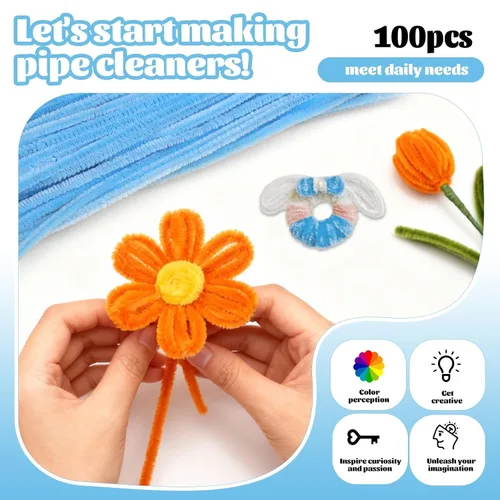Miniatura 4 de Giwrmu 100 Piezas Limpiadores de Pipa Chenille Stem, Limpiadores de Pipa Azul Claro para Manualidades, Palos Difusos Suministros para Manualidades