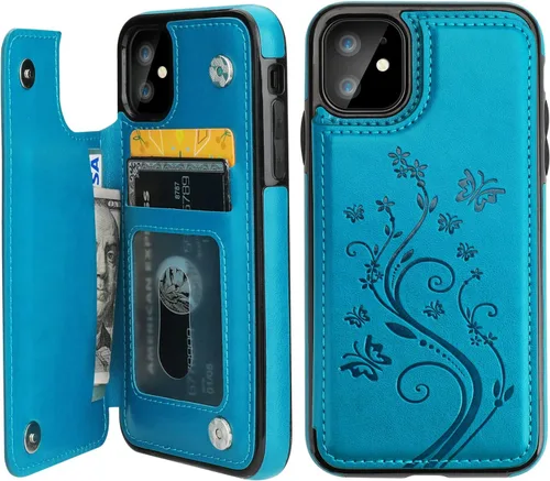 Vaburs Funda compatible con iPhone 11 con tarjetero y diseño de mariposa en relieve, piel sintética de alta calidad, doble botones magnéticos, a Azul