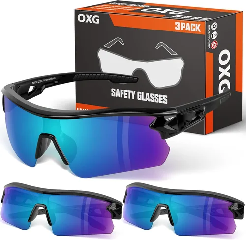 Miniatura 8 de OXG Juego de 3 gafas de seguridad para trabajo para hombres y mujeres, ANSI Z87.1 gafas protectoras resistentes a arañazos e impactos para industria