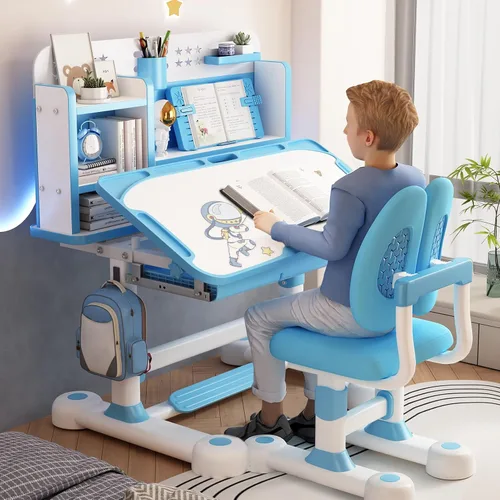 Miniatura 11 de Juego de escritorio y silla de altura ajustable para niños con cajón y almacenamiento, mesa y sillas para niños, escritorio de estudio escolar