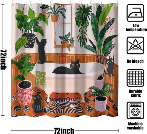Miniatura 8 de Divertida cortina de ducha con diseño de gatos negros, estilo bohemio, bonita, divertida, para baño, gatito, verde, hojas tropicales, beige, marrón