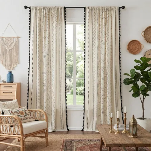Miniatura 17 de NICETOWN Cortinas bohemias de lino transparente para sala de estar, cortinas semitransparentes de granja con patrón de rayas bohemias, cortinas Gris