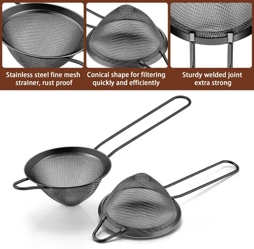 Miniatura 2 de LIANYU Juego de 2 coladores de malla fina de acero inoxidable de 3.3 pulgadas con mango largo, ideal para filtrar café, cóctel, tamizar harina, a