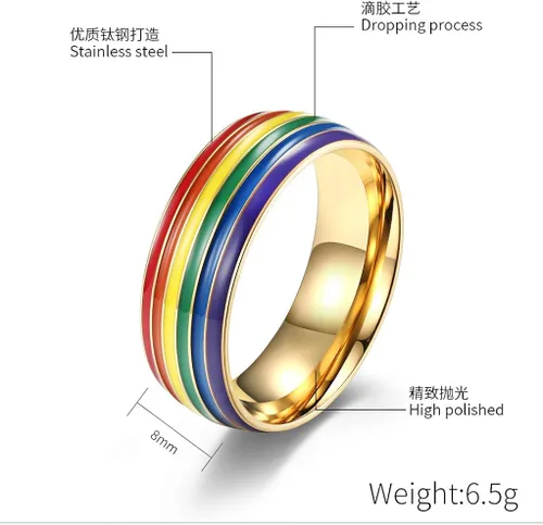 Miniatura 4 de 2 anillos de orgullo arco iris de dos tonos con incrustaciones de arco iris para amantes de la boda, de compromiso de 0.315in de ancho de acero