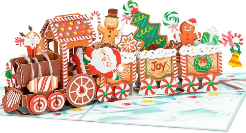Miniatura 7 de POPWOW Tarjetas desplegables de tren de Navidad, Papá Noel, reno, tarjeta de felicitación de Navidad 3D, hermoso regalo para niños, marido, esposa