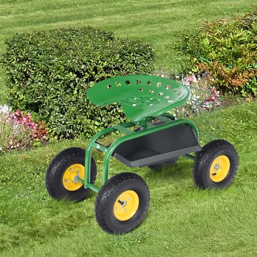 Miniatura 6 de Giantex Asiento de trabajo de jardín rodante, asiento de trabajo de jardinería giratorio 360 con ruedas, cesta de herramientas, altura ajustable