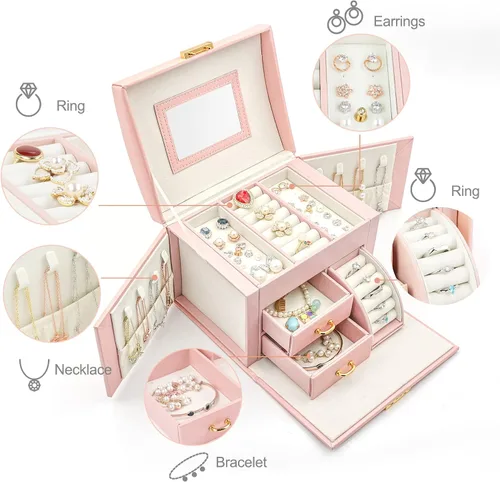 Miniatura 2 de MUEUSS Caja organizadora de joyas para niñas y mujeres, regalo ideal, joyero portátil de viaje con espejo y cerradura para collar, aretes, anillos