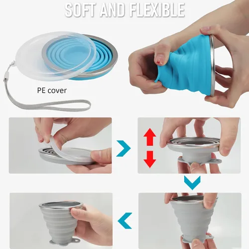 Miniatura 5 de JBER Taza de viaje plegable de silicona, taza de camping plegable de silicona con tapas, taza de bebida expandible para senderismo al aire libre