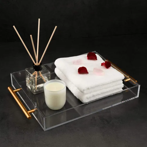 Miniatura 4 de Bandeja de acrílico transparente para servir Lucite con asas de metal, sin necesidad de montar, 11 x 14 pulgadas, organizador de almacenamiento
