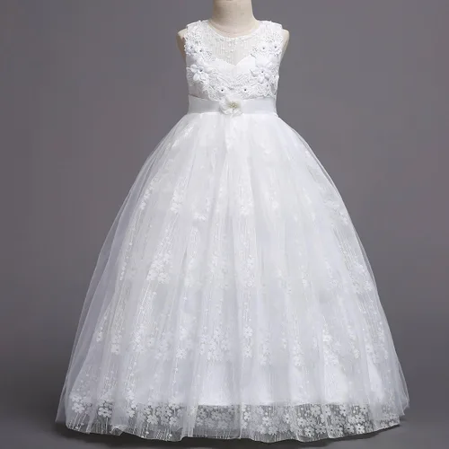 Miniatura 5 de Vestido maxi de tul para niñas con tutú y flores de encaje, largo hasta el piso, para boda, dama de honor, fiestas