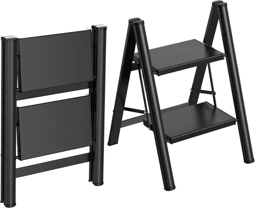 Miniatura 9 de HBTower Escalera de escalón, taburete plegable, taburete portátil de acero resistente para adultos con pedales anchos antideslizantes para el hogar
