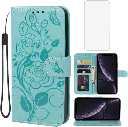 Miniatura 11 de Funda para iPhone XR con protector de pantalla de vidrio templado, funda de cuero con diseño de flor para tarjeta de crédito con soporte para iPhone