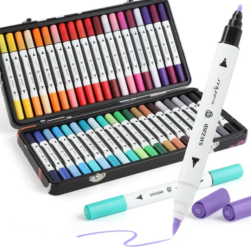 SAVZJSD Marcadores de alcohol de 40 colores, juego de marcadores de doble punta premium con caja de metal para artistas, adultos en colorear y
