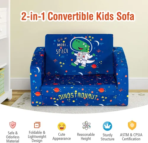 Miniatura 6 de Costzon Sofá para niños, sofá infantil abierto 2 en 1 con tela de terciopelo, bolsillos de almacenamiento, reposabrazos para niños pequeños, cama