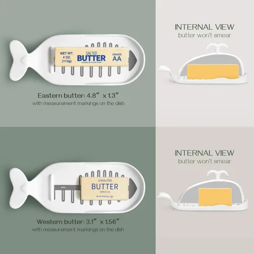 Miniatura 5 de DOWAN Mantequillera de Porcelana con Línea de Medición para Cortar, Mantequillera Grande con Forma de Ballena con Tapa de Diseño Antideslizante