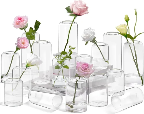 Miniatura 14 de ZENS Juego de 6 jarrones pequeños modernos de vidrio para jarrones transparentes a granel para centros de mesa de boda, jarrón pequeño de vidrio