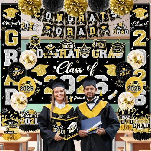 Miniatura 2 de Decoraciones de graduación de clase de 2026, decoraciones de graduación negras y doradas con pancarta de felicitaciones, telón de fondo, letrero