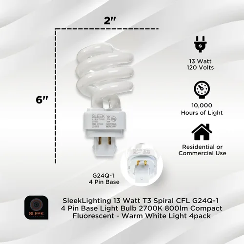 Miniatura 2 de Bombilla de luz CFL espiral de 13 vatios, T3, 4 pines, base G24Q-1, 2700K, 800lm - Luz fluorescente compacta - Luz blanca cálida, paquete de 4