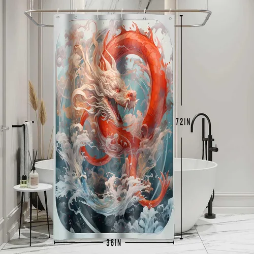 Miniatura 2 de YLOKPA0717 - Cortina de ducha de dragón japonés con ganchos, enorme ola de mar, cortina de baño de dragón rojo, 36 x 72 pulgadas, decoración de baño