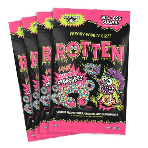 Miniatura 10 de Rotten Sour Gummy Cruncheez - Bajo en azúcar, bajo en calorías, 5g de fibra prebiótica amigable para el intestino, dulces sin gluten, sin colorantes