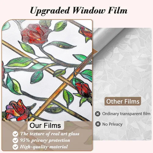 Miniatura 6 de Windimiley Película decorativa para ventana de vitral, 3D con diseño floral de rosas, película adhesiva estática de privacidad que difunde la luz