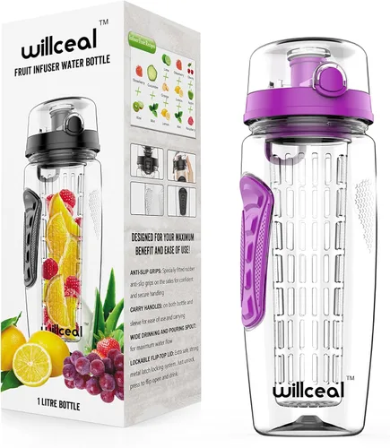 Miniatura 2 de Botella de agua con infusor de frutas de 32 onzas, duradera, grande, sin BPA, Tritan con tapa abatible, diseño a prueba de fugas, deportes, camping