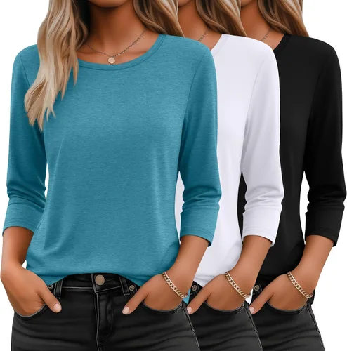 Miniatura 37 de Ficerd Paquete de 3 camisetas de manga 3/4 para mujer, cuello redondo, camisetas básicas elegantes, casuales, modernas, holgadas