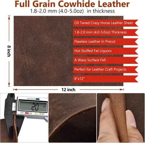 Miniatura 2 de Láminas de Cuero Genuino para Herramientas de 1.8-2.0MM de Grosor Cuero Genuino de Grano Completo Superior Curtido al Aceite Crazy Horse de Piel