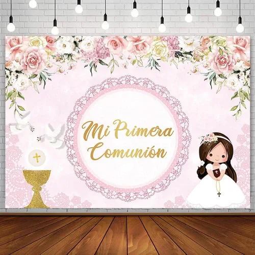 Miniatura 6 de AIBIIN Telón de fondo de bautismo de 7 x 5 pies para niño Mi Primera Comunión Bautizo Fotografía Fondo Dios bendiga Primera Comunión Banner Palomas