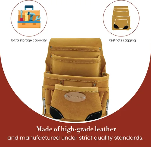 Miniatura 5 de Style n Craft Bolsa de herramientas y uñas de carpintero de 10 bolsillos, bolsa de herramientas de cuero resistente, bolsa de cuero de grano Amarillo
