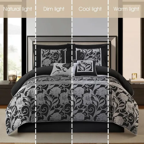 Miniatura 5 de Grand Avenue Juego de edredón negro plateado tamaño Queen, juego de ropa de cama jacquard floral de 7 piezas, para todas las estaciones, ultrasuave