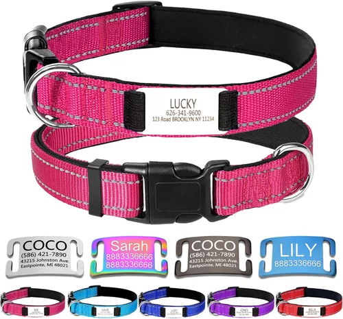 Miniatura 10 de Collares de perro personalizados, collar de perro con etiquetas de identificación de placa de nombre grabadas, collar de nailon ajustable Rosa