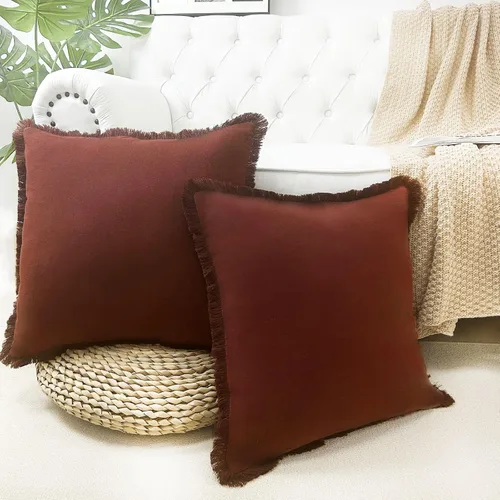 Miniatura 2 de Juego de 2 fundas de almohada decorativas marrones de 18 x 18 pulgadas, fundas de almohada modernas de granja con borlas de flecos, suaves