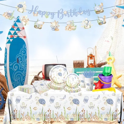 Miniatura 4 de Vajilla de cumpleaños bajo el mar, decoración de fiesta temática bajo el mar, suministros de fiesta de baby shower, mantel, platos, servilletas