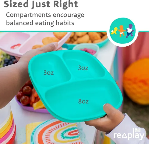 Miniatura 6 de Re-Play Juego de vajilla para niños pequeños, 3 platos divididos con 3 juegos de tenedores y cucharas, vajilla para niños sin BPA, apto