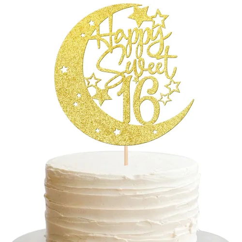 1 pieza de decoración de pastel de 16 años con purpurina de luna y estrella de luna feliz 16 cumpleaños, decoración para tartas de cumpleaños de 16