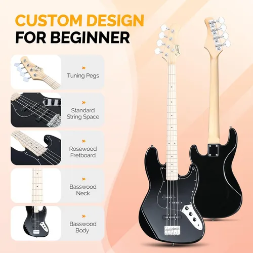 Miniatura 3 de GLARRY Bajo Guitarra Tamaño Completo de 4 Cuerdas, Bajo Exquisito y Elegante con Bolsa para Guitarra, Cable y Llave (Azul, Con AMP)