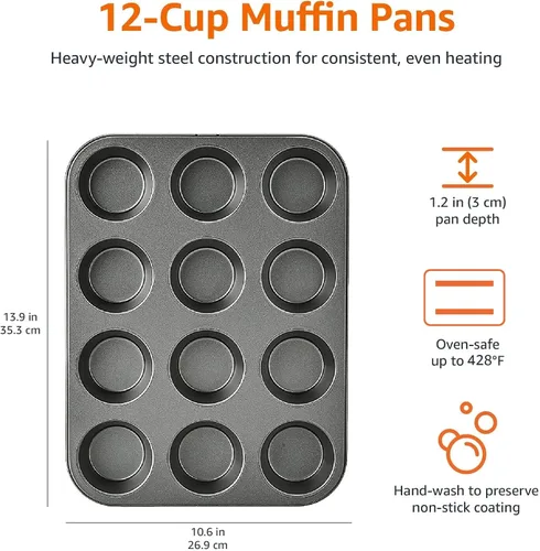 Miniatura 7 de Amazon Basics Molde redondo antiadherente para hornear muffins, 12 tazas, juego de 2, gris, 13.9 x 10.55 x 1.22 pulgadas