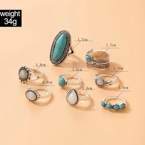 Miniatura 4 de Airvess Juego de anillos vintage para nudillos, anillos apilables de turquesa gruesa, anillos apilables de plata para los dedos, joyería bohemia