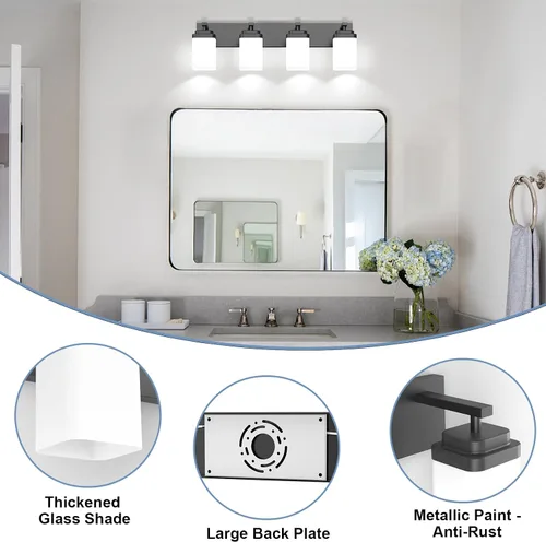 Miniatura 3 de Lámparas de baño de oro cepillado, 4 luces de baño sobre el espejo, diseño cuadrado y placa trasera grande rectangular, accesorios de iluminación