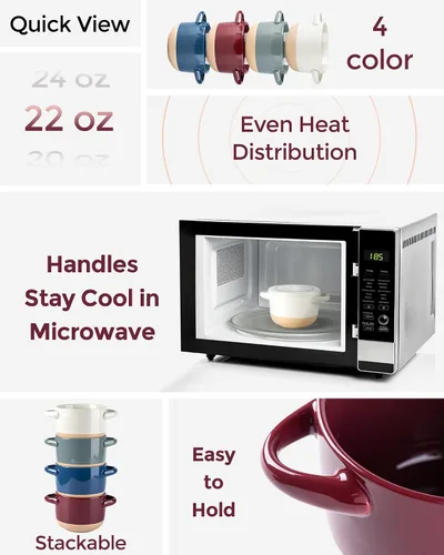 Miniatura 5 de AmorArc Juego de 2 cuencos de sopa de 24 onzas con asas grandes y tapas, cuencos de cerámica para sopa, cereales, guisos, fideos, coloridos cuencos